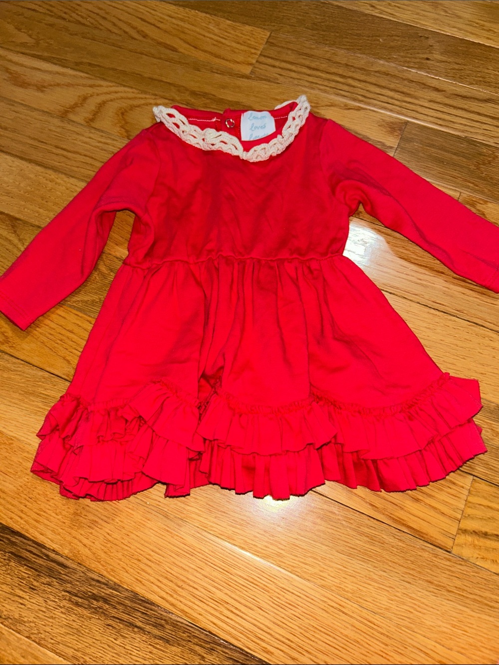 Lemon Loves Layette Red Long-Sleeve Ruffled Tunic with Crochet Collar 6/12 Month
